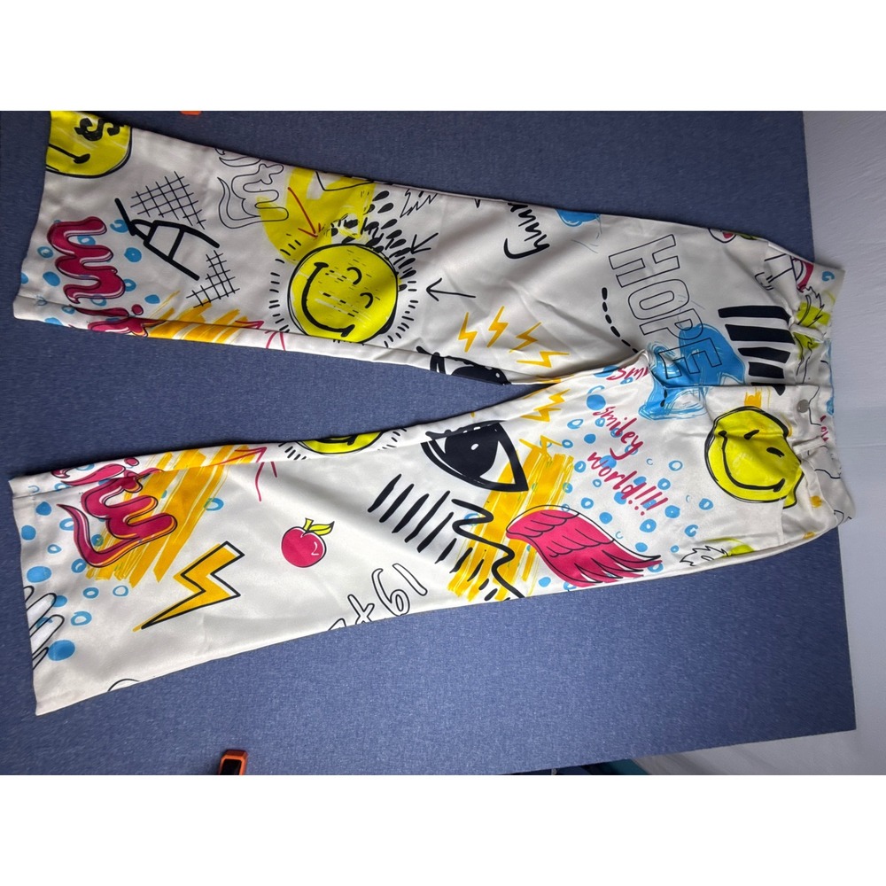 Graffiti Pop Art Smiley Face Wide Leg Pants White Multi Color Streetwear Small